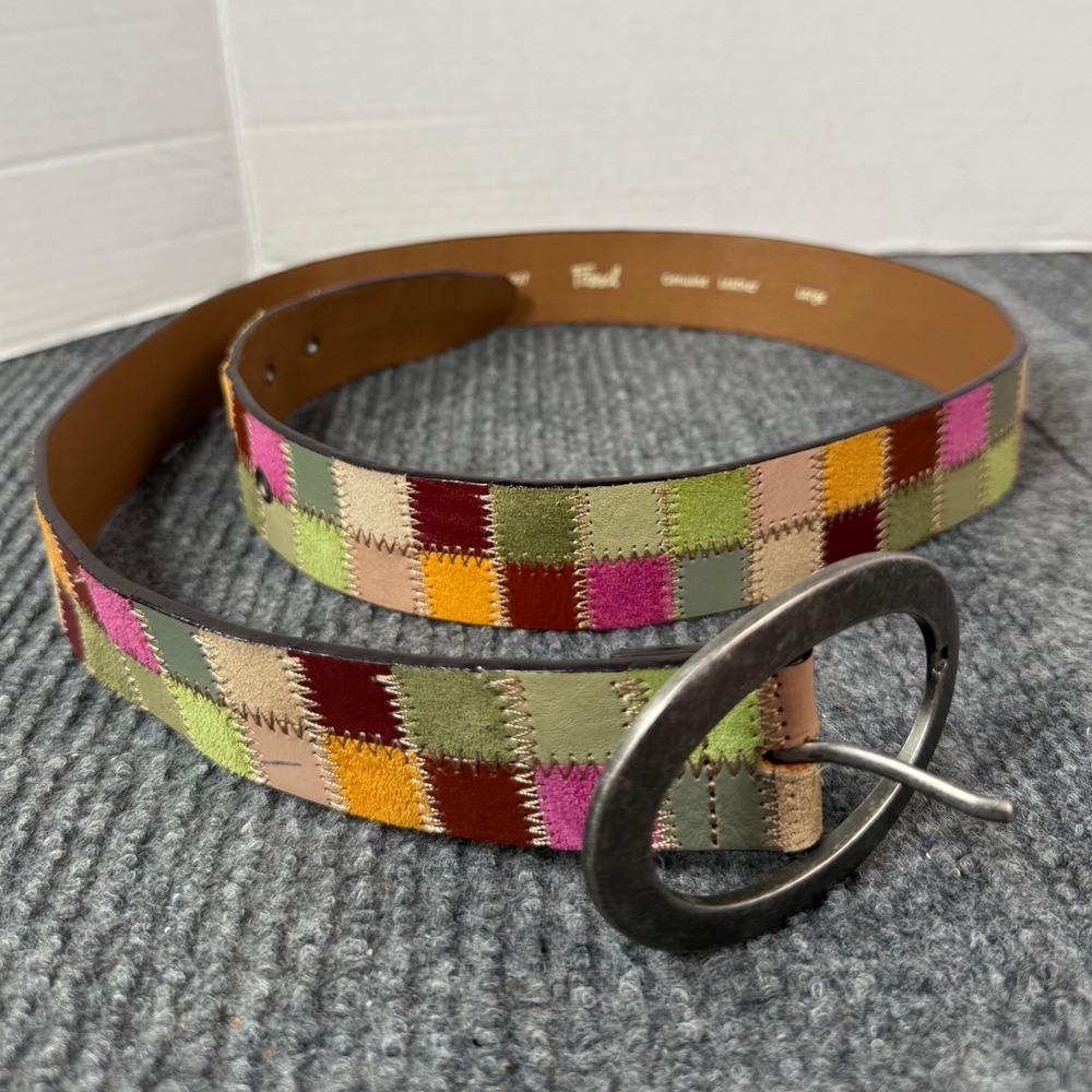Fossil Leather Patchwork Belt Boho Y2K Quilted Squares Bright Multi Large Buckle